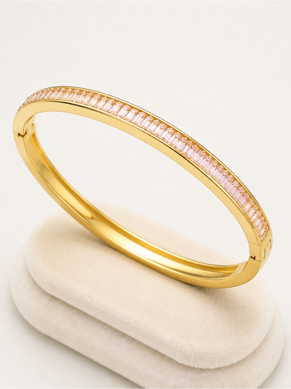 Gold Bangle Bracelet with Pink Stone Inlay